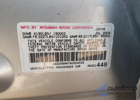 2010 Mitsubishi Lancer Sportback Gts from USA, damaged, VIN JA32X8HW7AU004034